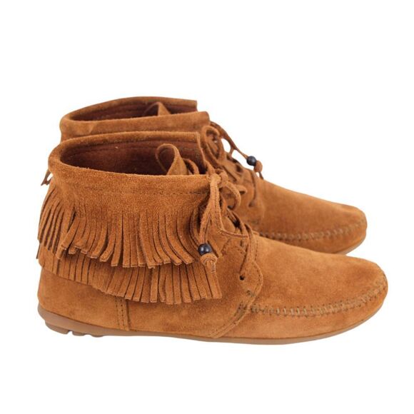 Minnetonka TAN BROWN GENUINE LEATHER SUEDE FLAT LACE ROUND TOE ANKLE BOOTS Sz 7 - Picture 1 of 9